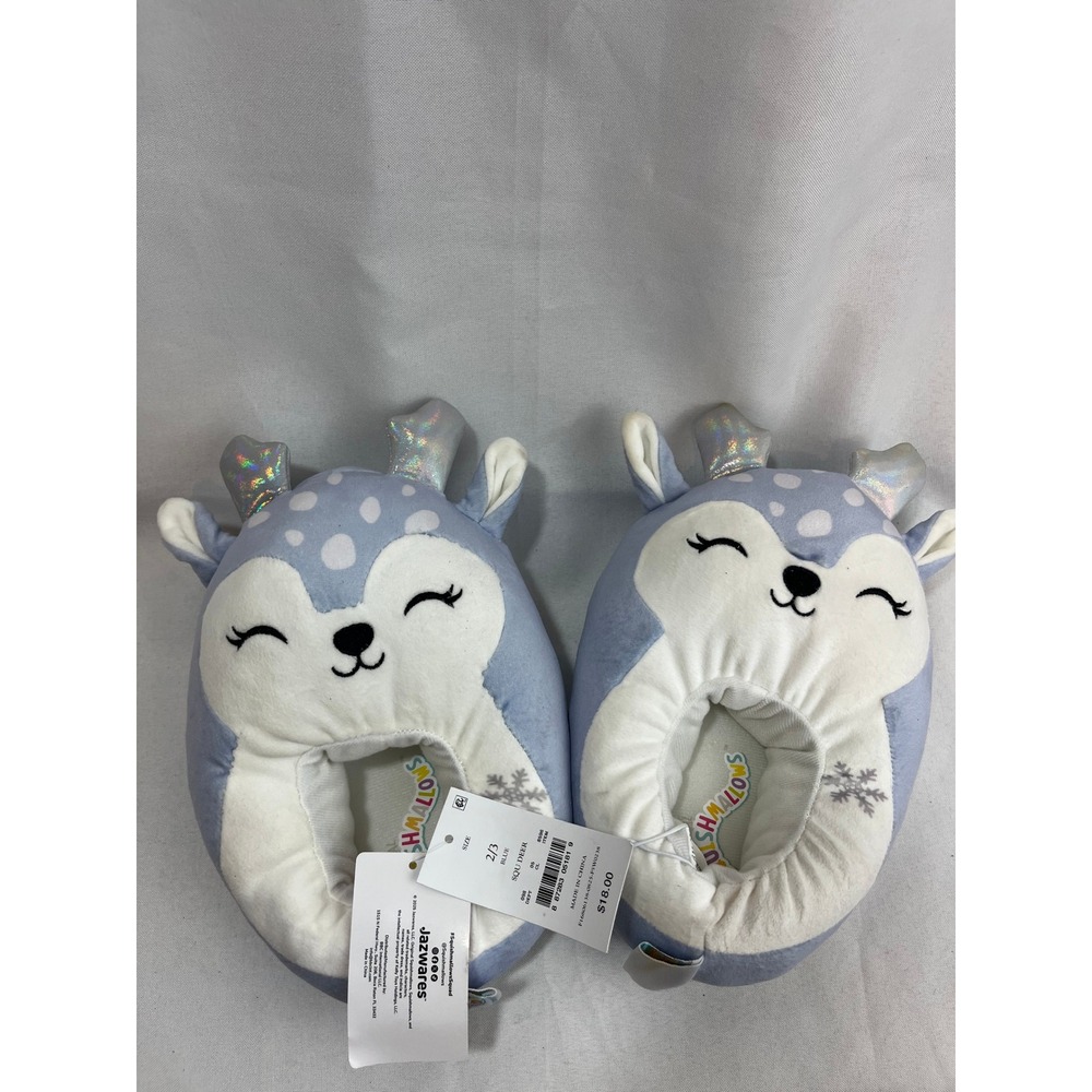 Squishmallows Blue Deer Plush Slippers Kids Size 2/3 Silver Antler Snowflake NEW